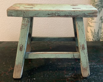 Vintage Wood Mortised Farm Milking Stool, Chippy Distressed Mint Green Paint; Use as Plant Stand or Riser on a Table/Counter; Sturdy