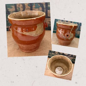 Antique 1880 French Terracotta Confit Pot, Side "Ear" Handles, Rusty Brown Ochre Glazed Toupin Preserving Jar; French Country Kitchen Decor