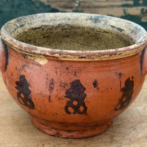 Antique French Confit Pot, Pot à Confiture; Rust-Orange Ochre, Dark Manganese Slip Glazed Terracotta Bowl w/Two Ear Handles; Alsace Region