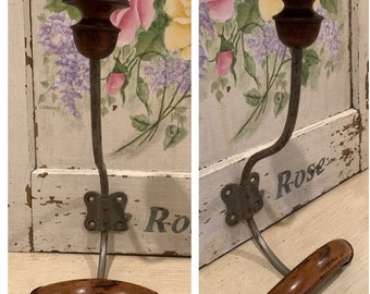 Antique French Metal & Turned Wood Single Hat and Coat Wall Rack/Hook/Fixture; Bistro Cafe French Decor; French Country Decor