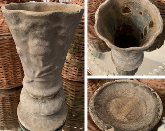 Antique French Cast Iron Vase: Scalloped Edge, Flower & Leaf Relief