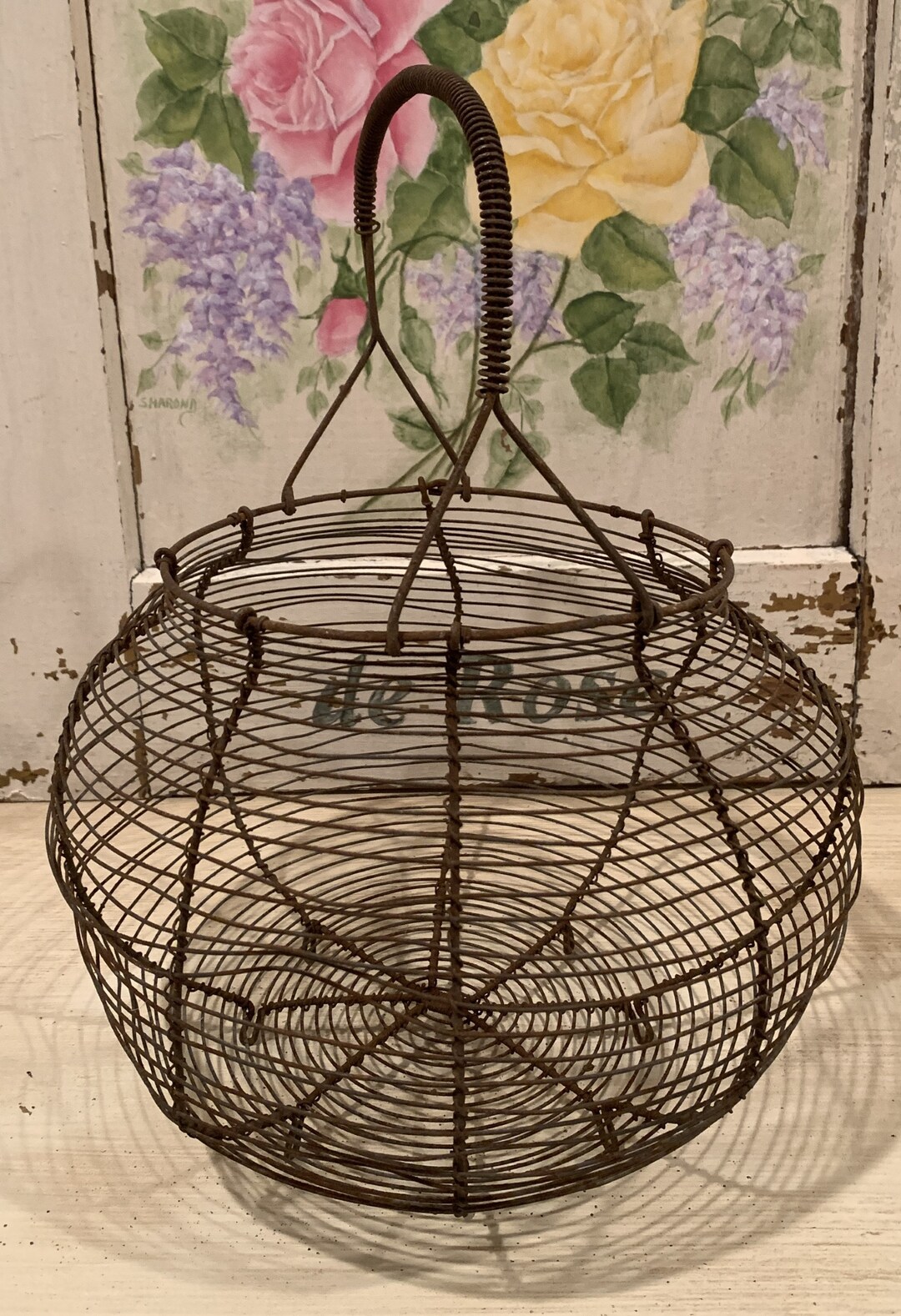 Antique French Round Wire Egg Gathering Basket With Wire Etsy