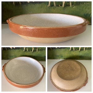 Vintage French Terracotta Stoneware Serving Bowl w/Glazed Interior Design, Rusty Brown Glazed Rim, 2 Handles, Unglazed Exterior, Marked 3