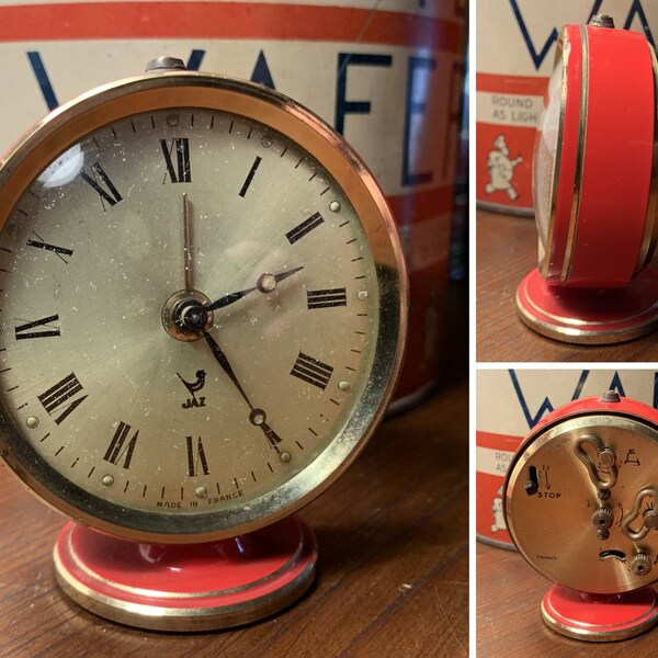 RARE Vintage French JAZ Mechanical Alarm Clock, Travel Size, Red Enamel Casing, Pedestal Style, Working Condition