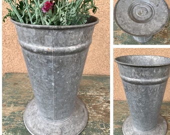 Authentic Large Vintage French Zinc Florist Bucket Vase with Pedestal Base; Rolled Edge, Heavy Thick Zinc, Water Tight; Home or Garden/Patio