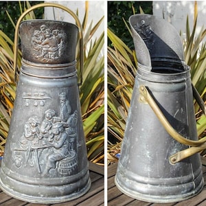 Vintage French Coal Scuttle: Embossed Zinc, Copper & Brass Fireplace Decor