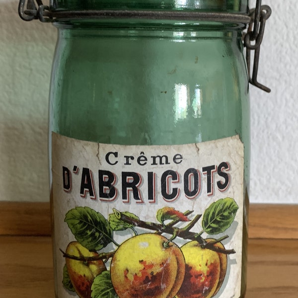 Vintage French Green Glass L'IDEALE Canning Preserve Jar, Colorful Old Creme D'Abricots (Apricots) Label; Hinged Wire Closure; 7.5" 1 Litre