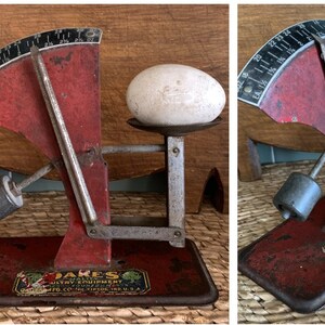 Vintage OAKES Mfg. Co. Poultry Equipment Red Metal Egg Weighing & Grading Scale with Colorful Advertising Label; Tipton, Indiana USA