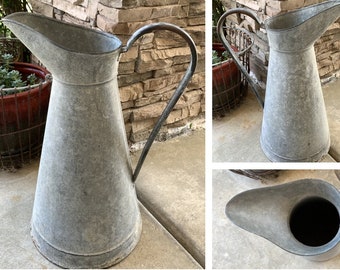 1930s Large Vintage French Zinc Water Pitcher Holds 5 Litres, Functional as a Watering Can for Your Garden or Vase for Fresh Flowers