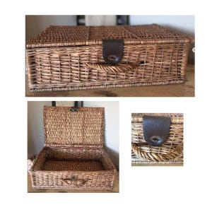 Vintage French Wicker Picnic Basket 1960s, Woven Willow Malle de Pique-Nique Trunk; Leather/Brass Latch, Spring Hinges, Country French Decor