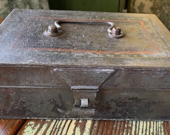 Vintage Black Metal Toleware Spice Storage Box with Set of 6 Square Tin Spice Canisters; Red Band on Hinged Lid & Handle, Circa Early 1900s