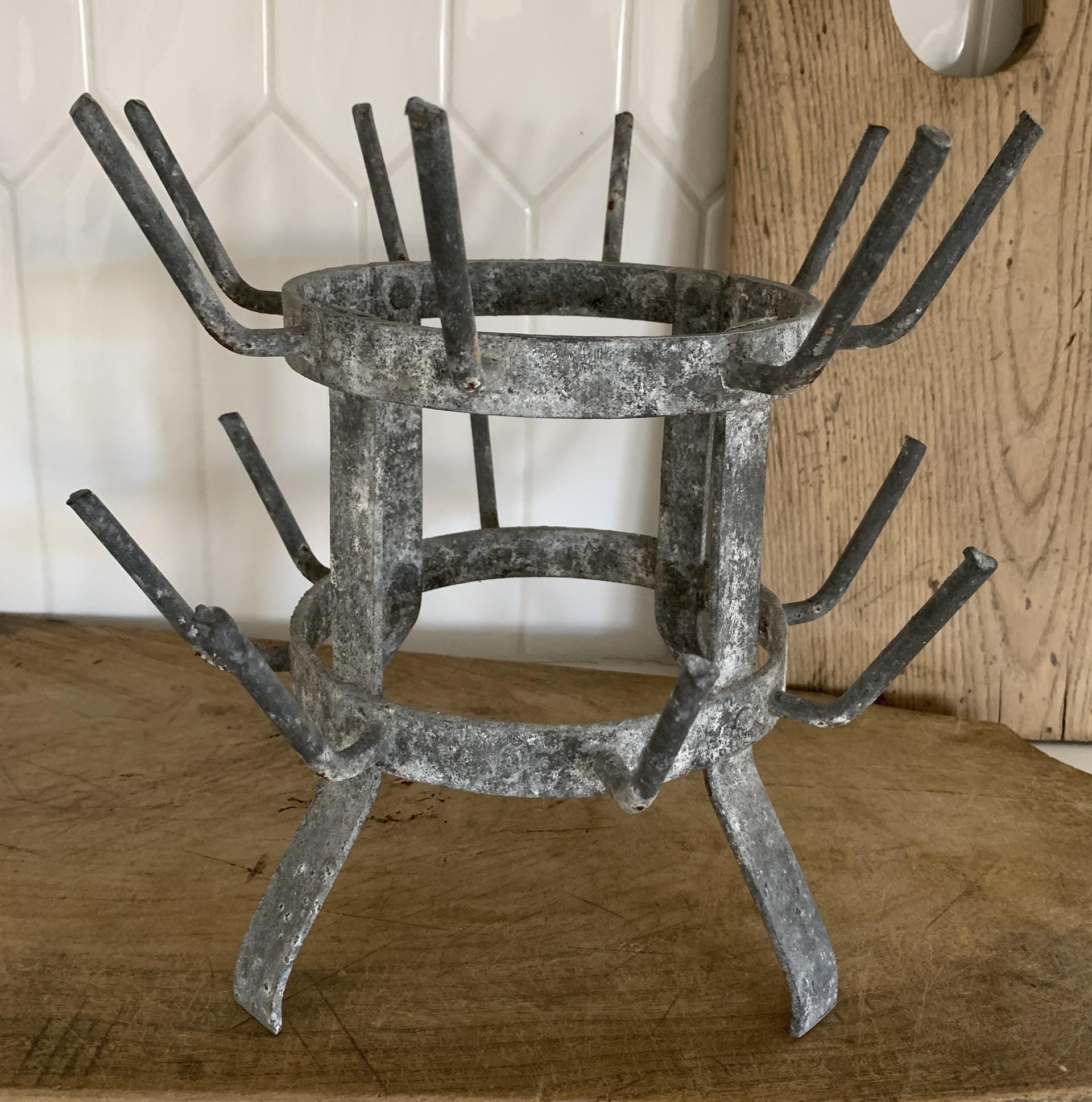 RARE Antique/Vintage French Thick Zinc Drying Rack ~ Two Tiers ~ 16 Zinc Pegs/Hooks for Displaying Vintage Glasses, Cups/Mugs, Small Bottles