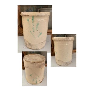 Small Antique Terracotta Sardine/Anchovies Confit Pot; Creamy Partial Glaze, Hand Painted Stylized Green Tree of Life, Worn, Aged Patina