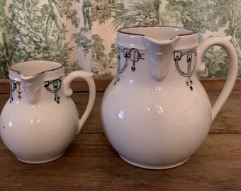 La Saint Uzienne Antique French Creamer & Milk Pitcher w/Handpainted Blue/Brown Art Deco Design on White Ironstone; Side Handles; PRICE EACH