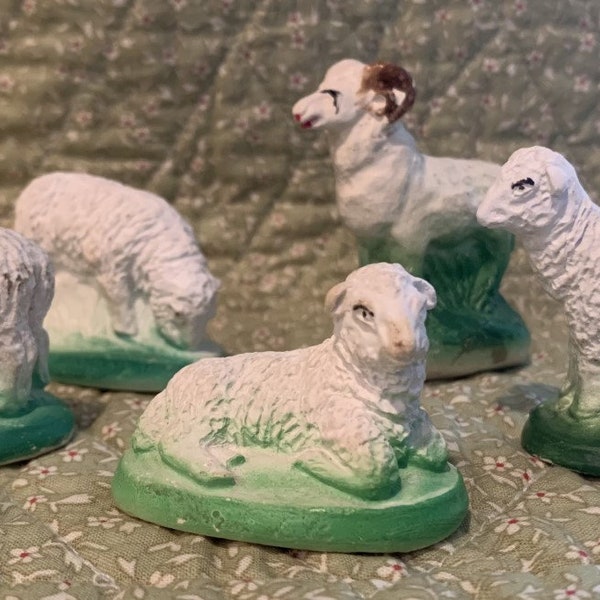 Miniature Vintage Chalkware Sheep Family Figures, Standing and Laying on Green Base; No Chips or Cracks, Circa Mid-1900s; Price is for ONE