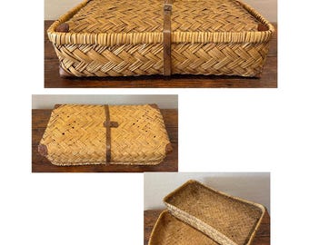 Antique French Woven Wicker Suitcase, Travel Basket; Two-Part Basket w/Lid & Base Separate, Secured by Leather Strap/Buckle; Chevron Pattern