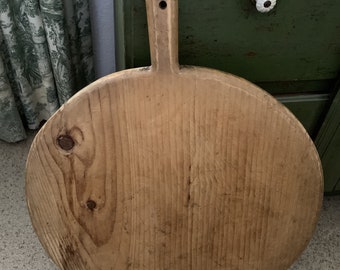 Large Round Vintage European Handmade Bread Board with Handle, Charcuterie Board; Serving Board; Heavy/Thick Wood with Lovely Patina