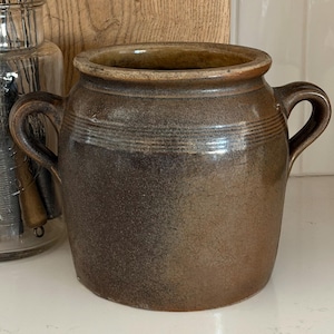 Antique French Stoneware Confit Pot, Chocolate-Brown Salt Glazed Pantry Crock, Ribbed Lug Handles,  Incised Number 4; Circa 1870-1890