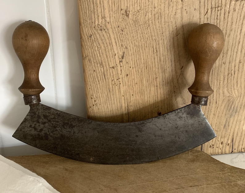 Antique French Mezzaluna Hachoir Herb Chopper, Swiss Forged Steel Single Blade & 2 Wood Handles; Chop Herbs, Onions, Garlic; Kitchen Utensil