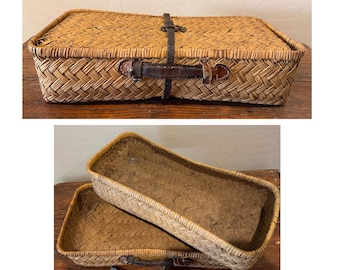 Antique French Woven Wicker Suitcase/Travel Basket; 2-Part Rectangular Basket; Lid & Base Separate, Leather Handle/Strap; Chevron Pattern