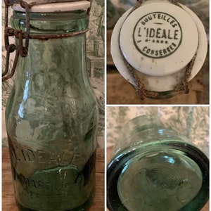 RARE Large Vintage French L&#39;Ideale Green Glass Preserve Bottle Canning Jar; Green Text on White Porcelain Lid; One Litre, Very Collectible