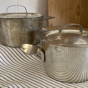 Vintage French Cordon Bleu Tin Charlotte Pot w/Lid, Heart Shaped Handles, Marked #10 FRANCE; No Dents, Kitchen Decor; Sold Individually