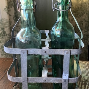Authentic Vintage French Tall Green Glass Bottle with White Porcelain Cap and Wire Closure; Display in French Country Kitchen