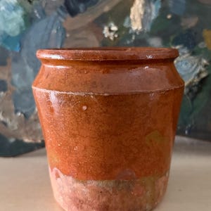 Rare Petite Antique French Terracotta Confiture Pot | 19th Century Ocher Slip Glazed Jam Jar | Authentic Provincial Earthenware; Aged Patina
