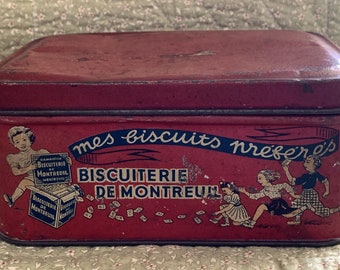 RARE Colorful Red Antique French DAMOISEAU Hinged Biscuit/Cookie Tin; Biscuiterie De Montreull (Cookie Factory) Advertising Tin