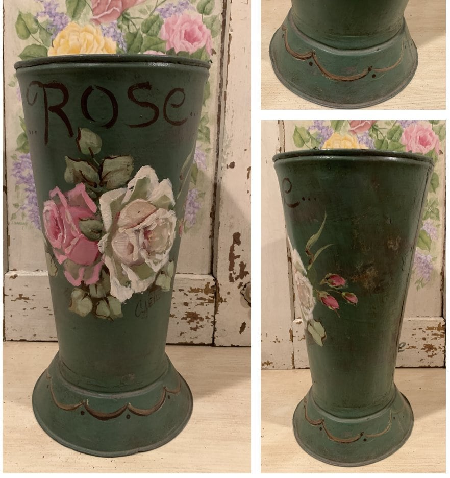 花瓶・フラワースタンド Vintage French Art Pottery Vase Antique French Zinc Florist Bucket Vase: Hand-painted Roses