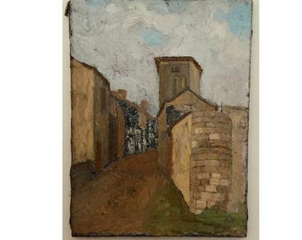 Original 19th/Early 20thC French Village Oil Painting on Canvas, Antique Post-Impressionist Plein Air Study, Fortified Southern France Town