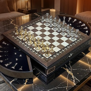 Personalized Wooden Chessboard – Mosaic Design with Metal Pieces & Rotating Drawers – Elegant Gift for Chess Lovers