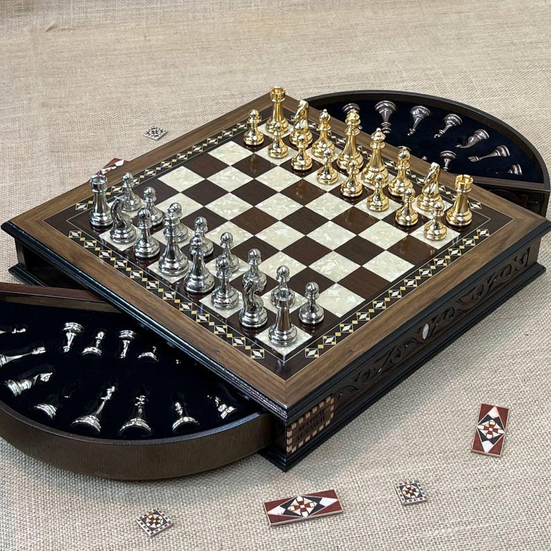 Small Rotation Chess Personalized Wooden Chess Set – Mosaic Design With Metal Pieces ...