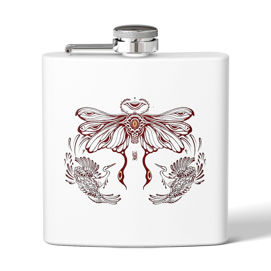 Ornate Moth & Phoenix Tattoo Art Flask Stainless Steel 6oz | Hip Flask ...