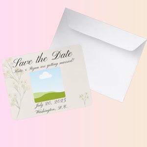 Modelo de reserva de data, minimalista, para impressão, designs Canva GRÁTIS, modelo personalizável, upload de foto, elegante, floral, tema clássico
