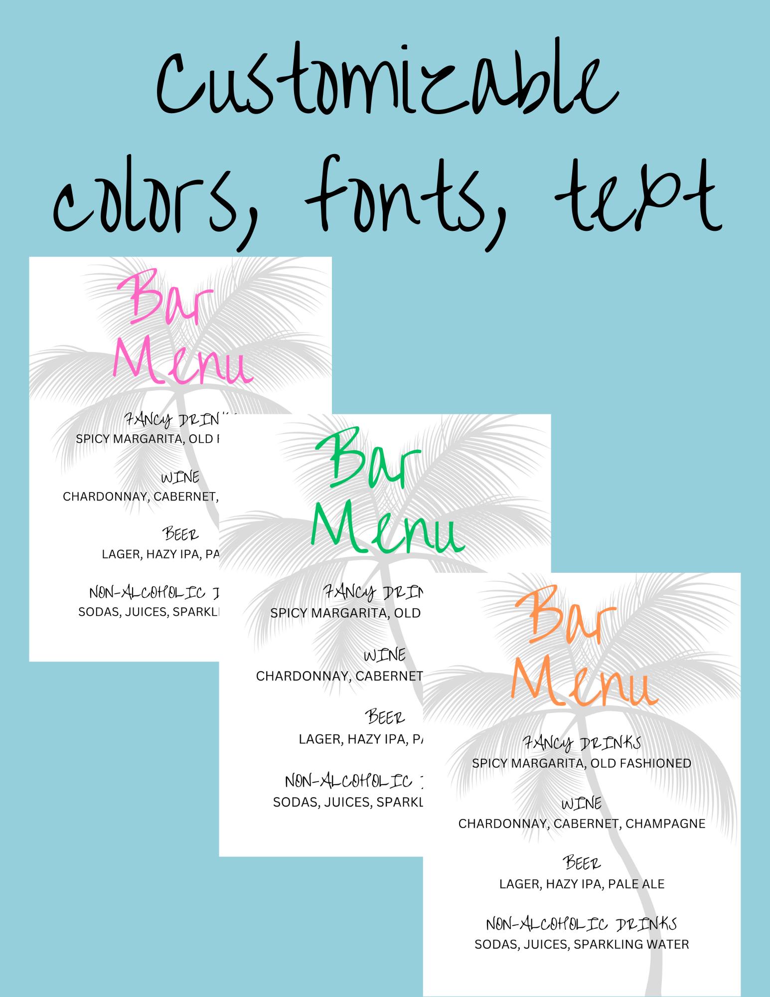 Editable Bar Menu Template, Beach Theme, Island Theme, Beach Wedding ...