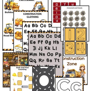 May include: Educational printables with a construction theme. Features the alphabet, numbers, construction vehicles, clothing, and seek-and-find activities. The colour scheme is mainly yellow, black, and white.