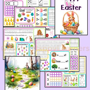 May include: A collection of colorful Easter-themed educational worksheets. The worksheets include counting, matching, and word recognition activities. The image features a watercolor illustration of a bunny with a basket of eggs, and the word "April".