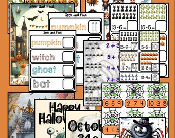 May include: A collection of Halloween-themed educational printables. Includes alphabet practice with pumpkins, seek-and-find activities, math problems, and coloring pages. Features illustrations of witches, ghosts, and monsters. The text includes "Happy Halloween" and "October 31st".