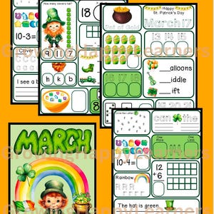 Könnte beinhalten: Eine Sammlung von Arbeitsblättern zum Thema St. Patrick's Day. Die Seiten zeigen Kobolde, Regenbogen, Goldtöpfe und Matheaufgaben. Der Text enthält "März" und "Fröhlichen St. Patrick's Day".
