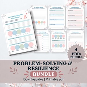 Puede incluir: Un paquete digital de hojas de trabajo imprimibles titulado Problem-Solving & Resilience Bundle, que presenta varias páginas con indicaciones para convertir desafíos en oportunidades, pasos de resolución de problemas, desarrollo de resiliencia, pensamiento positivo, sistemas de apoyo y planes de acción.