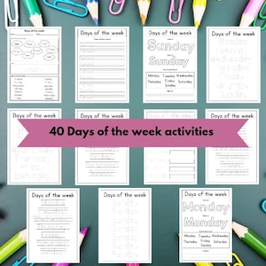 May include: A set of 10 printable worksheets for children to practise writing the days of the week. The worksheets feature different activities, such as tracing the letters, writing the days of the week in order, and filling in the missing letters. The worksheets are black and white and have a simple design.