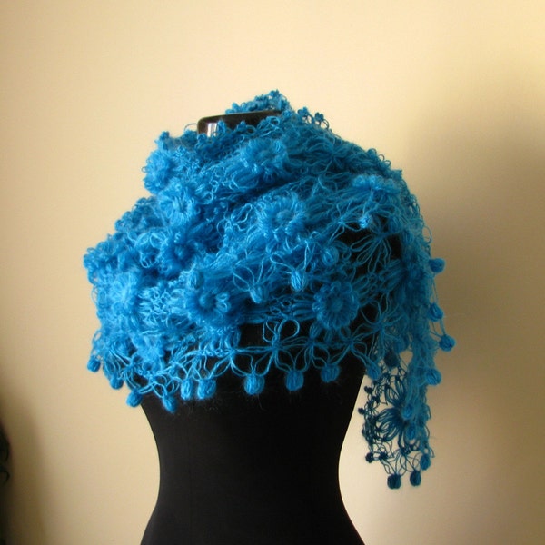 Turquoise Blue Mohair Flowered Shawl