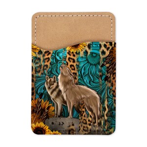 Cartera para teléfono con diseño de girasol, leopardo, verde azulado y lobos - Tarjetero - Cartera para celular - Soporte para teléfono - Tarjetero adhesivo