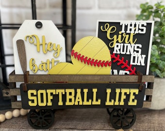 Softball Handmade Wood Wagon Interchangeable Decor Set