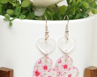 Heart-Shaped Floral Glitter Dangle Earrings - Rose Gold Hypoallergenic Hooks - Handmade Statement Jewelry for Valentines Day