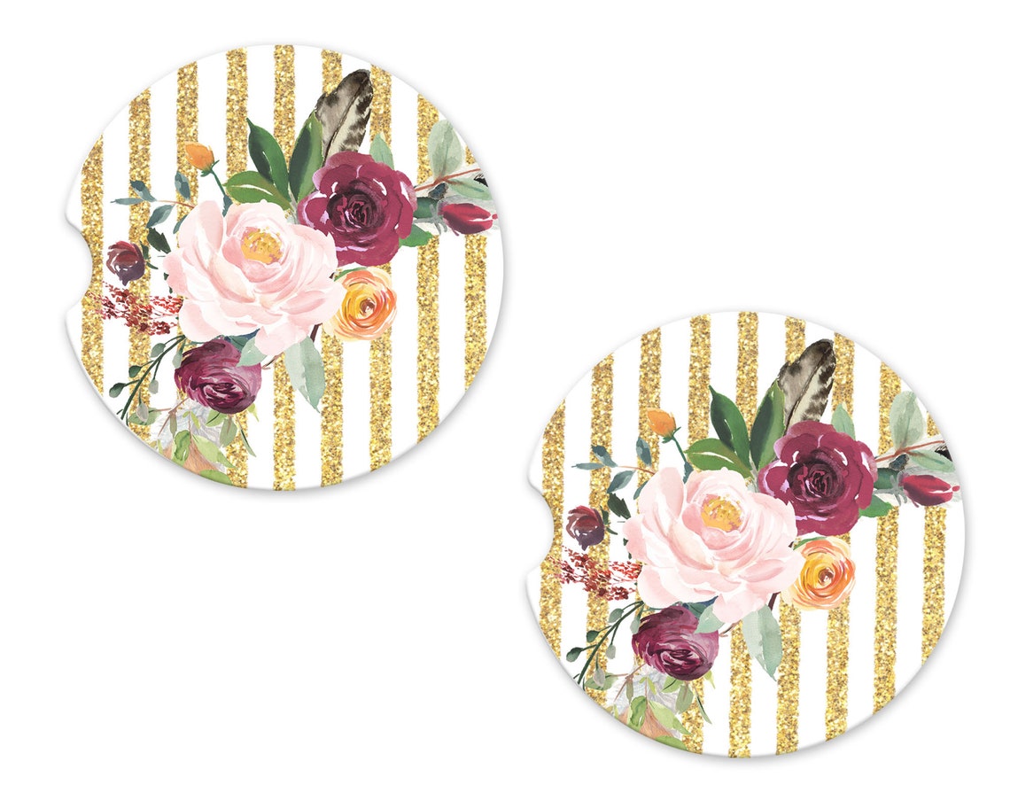 Gold Stripes and Flowers Sandstone Car Coasters Set of 2 Etsy