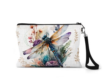 Boho Dragonfly Makeup Bag - Mother's Day Gift -Dragonfly with Flowers - Cosmetic Bag - Zipper Bag - Travel Pouch