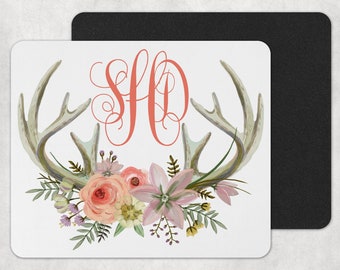 Flowers and Deer Antlers Custom Personalized Monogrammed Mouse Pad - Computer Accessory