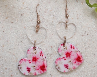 Heart-Shaped Floral Dangle Earrings - Rose Gold Hypoallergenic Hooks - Handmade Statement Jewelry for Valentines Day